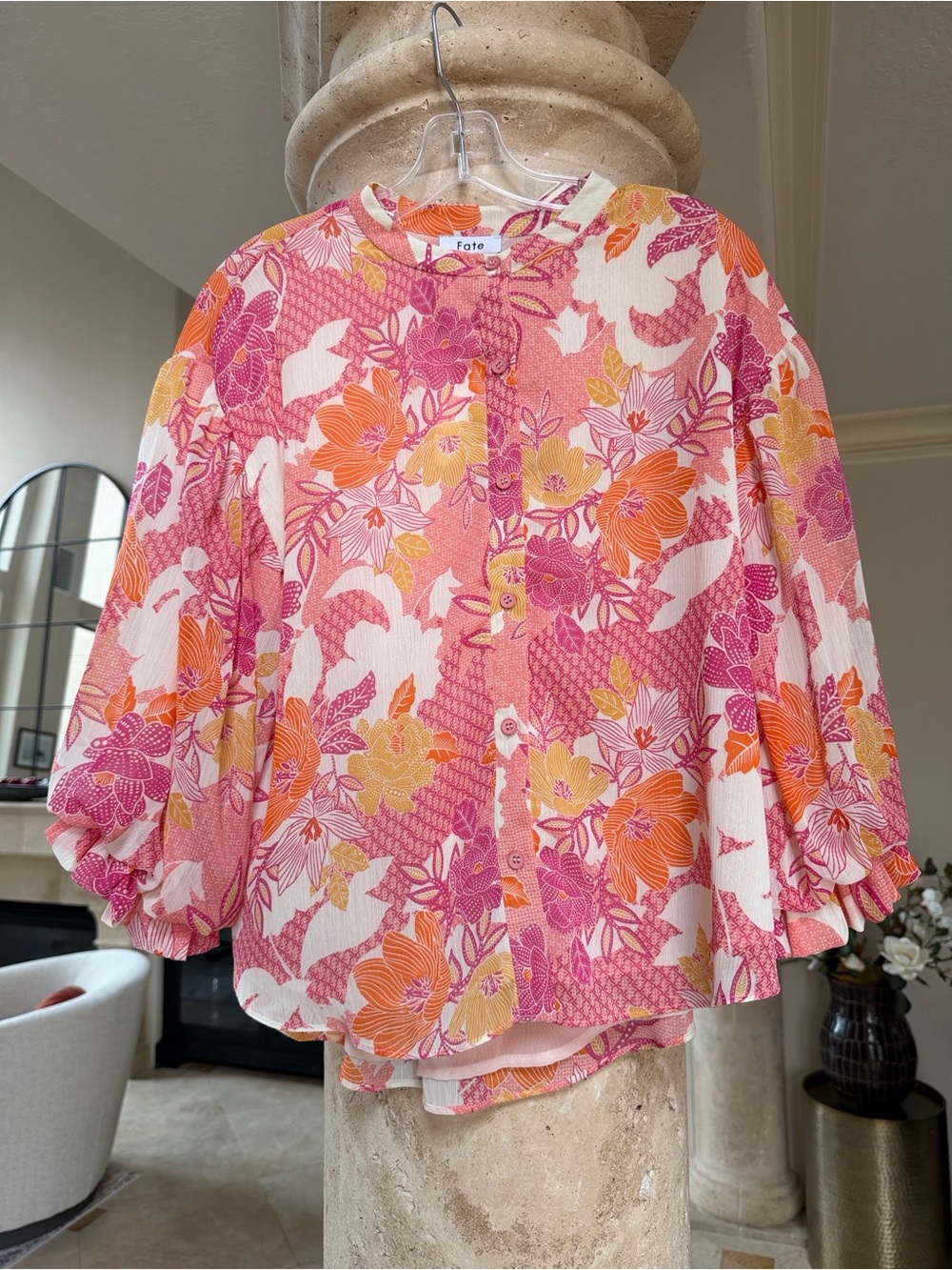 Vibrant Balloon Sleeve Blouse Sz Small Blush Pink Fuschia Orange Crème Colored